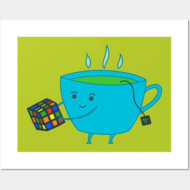 A Cup of Tea Solves Everything - cute and funny tea cup on green Wall Art by Green Paladin